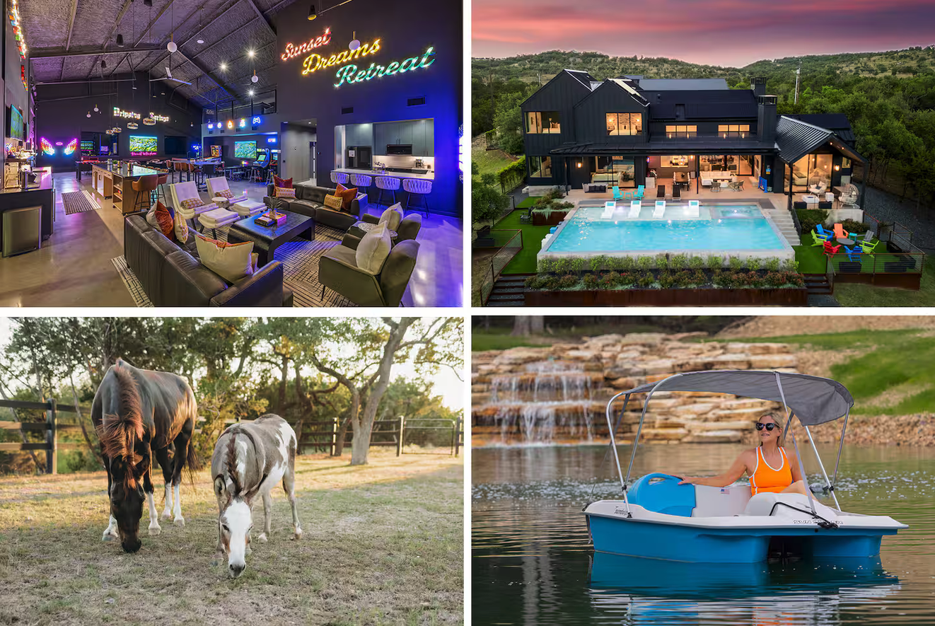 Property highlights: party barn, pool, horse and donkey, and pond